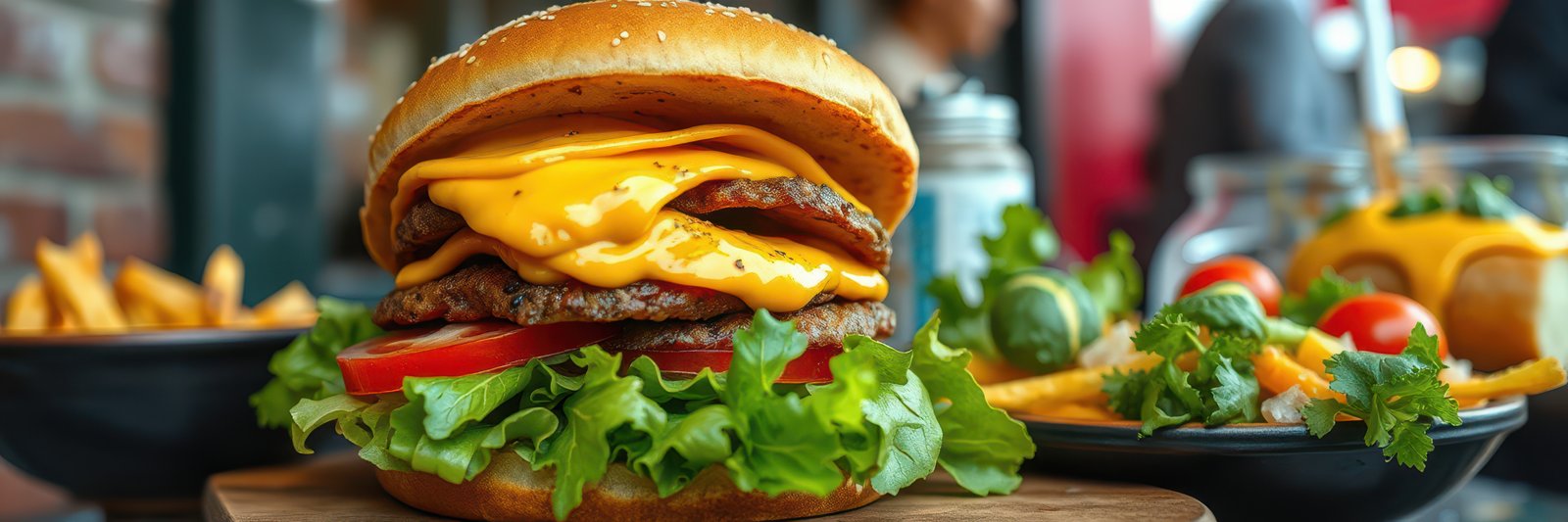 Juicy cheeseburger with fresh vegetables served alongside golden fries in a lively restaurant setting
